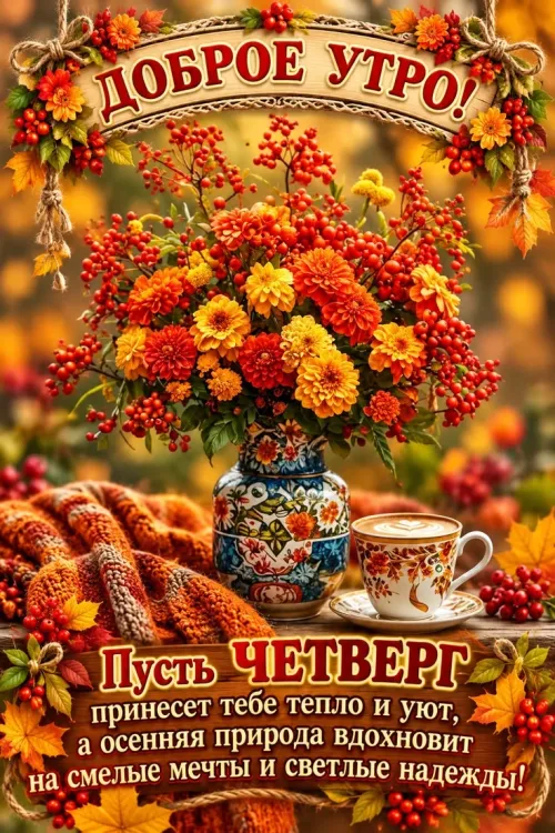 Открытка с добрым утром и осенними цветами