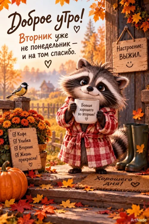 Открытка с добрым утром и осенним пейзажем