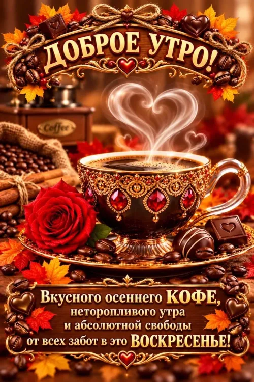 Открытка с Доброго утра осенним кофе и розой