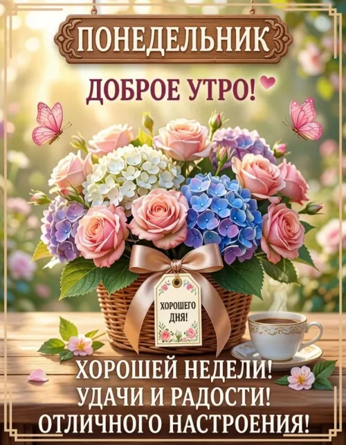 Открытка с понедельником и цветами