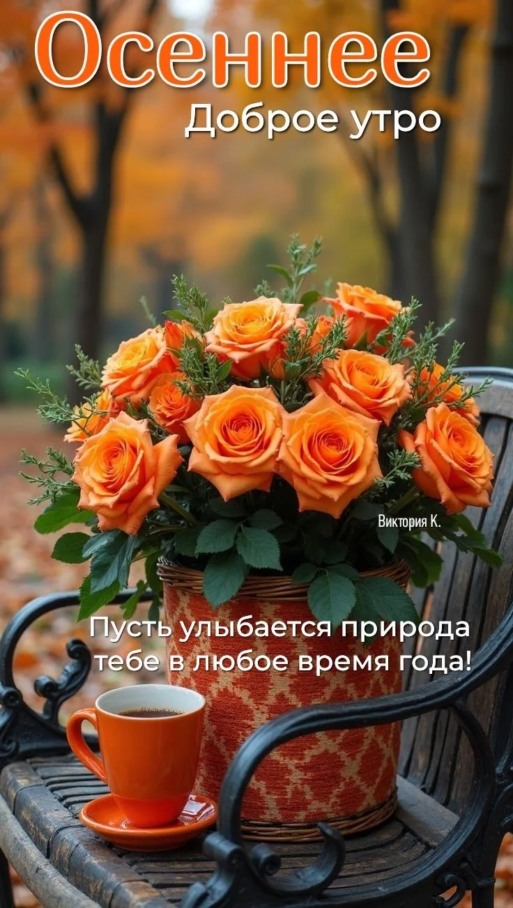 Осеннее утро с цветами и кофе открытка