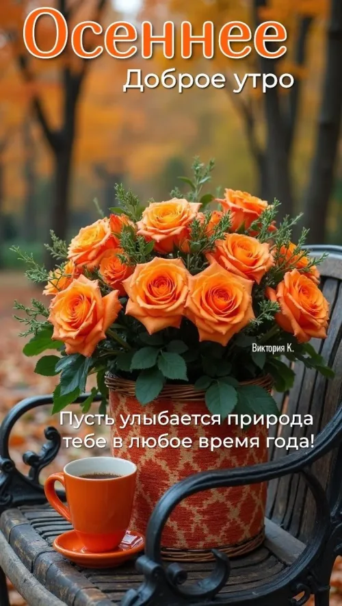 Осеннее утро с цветами и кофе открытка