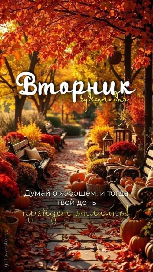 Открытка со вторником: осенний пейзаж с тыквами и цветами