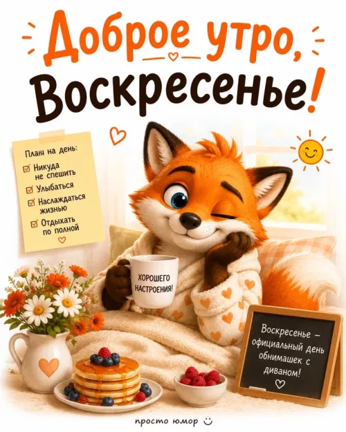 Открытка с добрым утром и воскресеньем: кролик, цветы и десерт