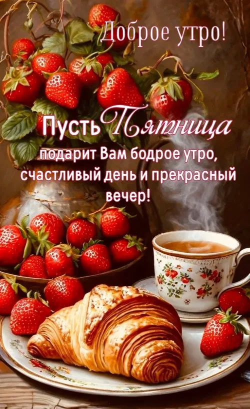Пятничная открытка с добрым утром и клубничным завтраком