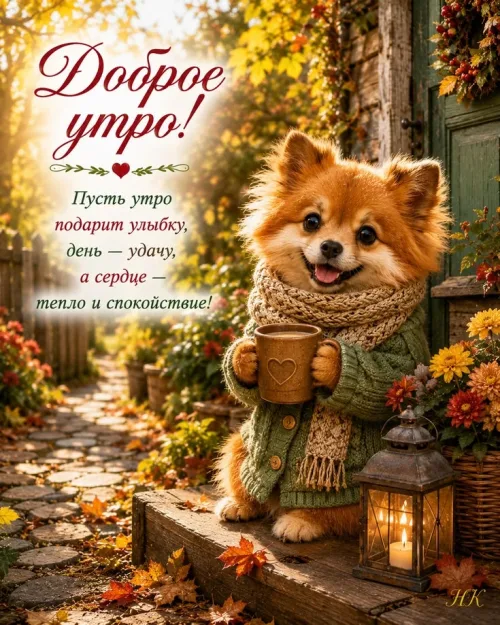 Открытка с добрым утром и осенним пейзажем