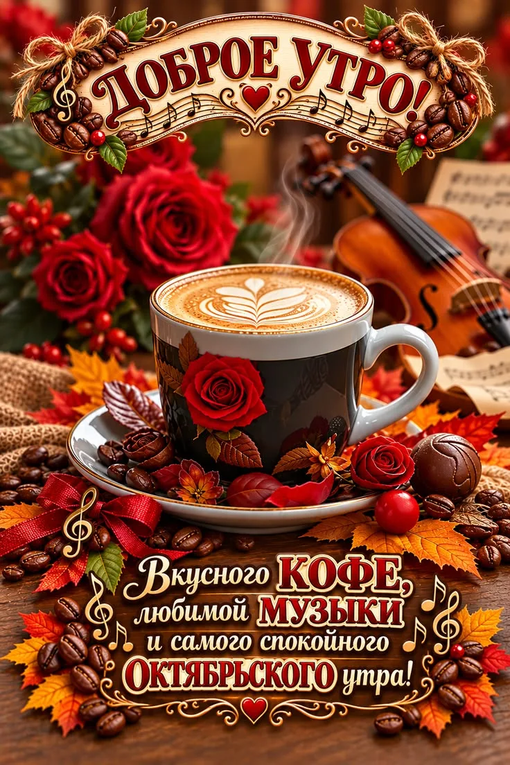 Открытка с Доброго утра осенью и кофе