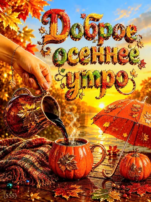 Открытка с доброе осеннее утро и чашкой кофе