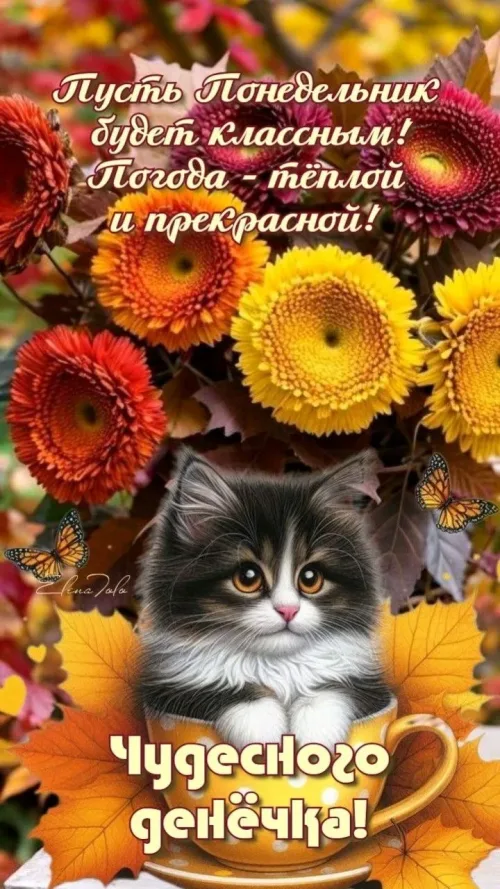Открытка с понедельником: кошка в чашке осенью