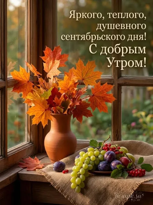 Открытка с добрым утром и осенними листьями