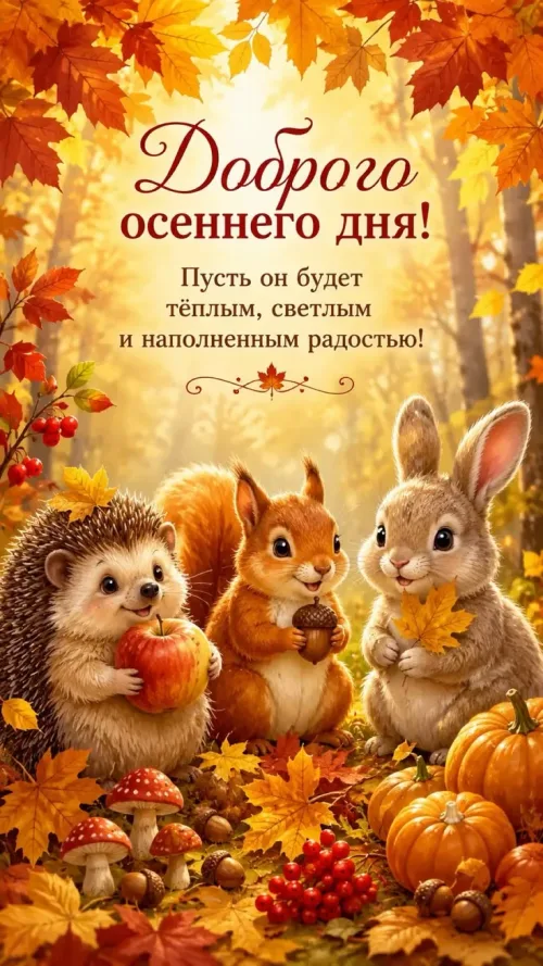 Открытка с осенними животными и яблоком