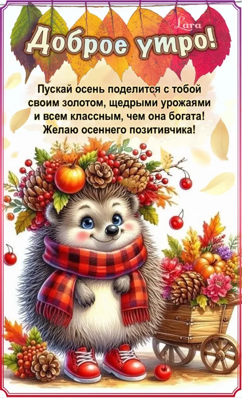 Открытка с осенним утром и милым ежом