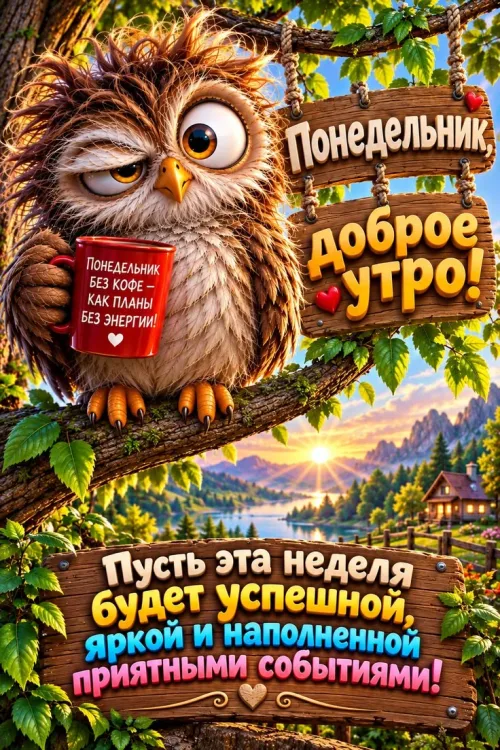 Понедельник, Доброе утро! Смешная сова с кофе открытка
