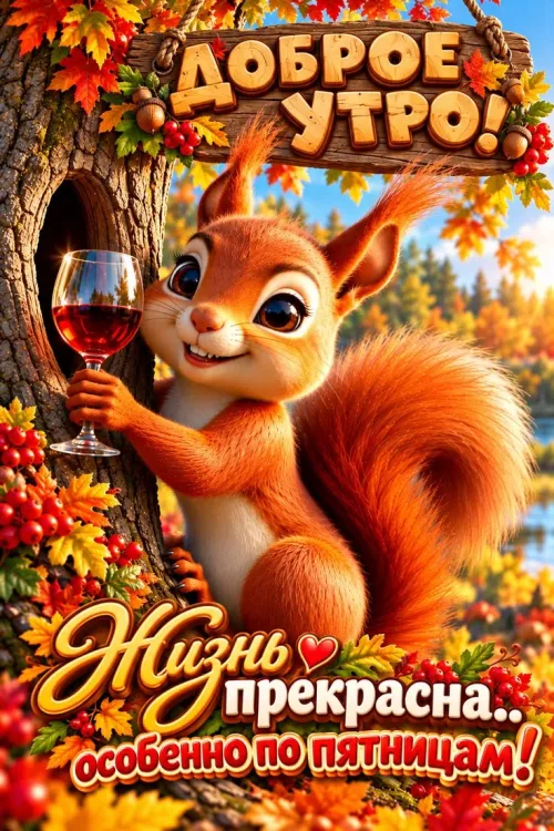 Открытка с добрым утром: осень, пятница, сquirrel