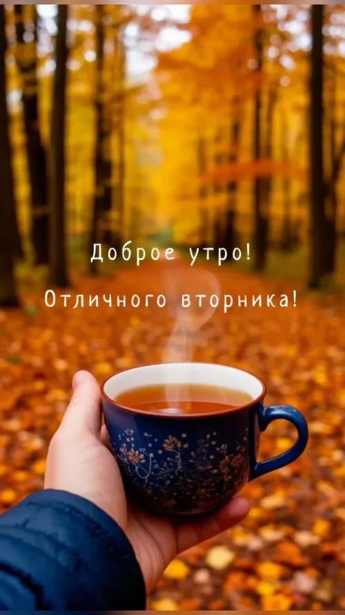 Открытка с добрым утром и осенним пейзажем