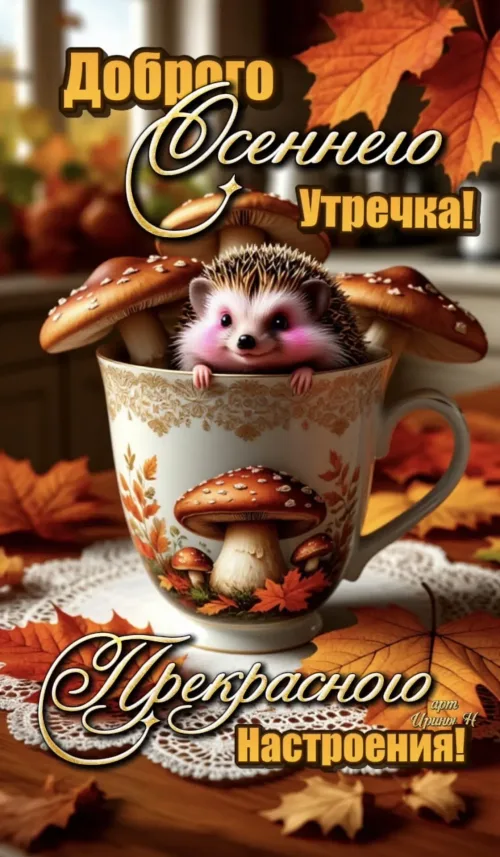 Открытка с осенним утром и милым ежом