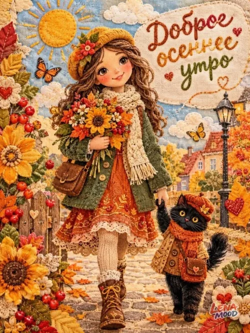 Открытка с осенним утром и кошкой