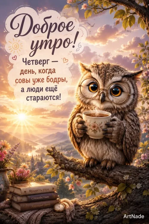 Открытка с добрым утром и совой в очках