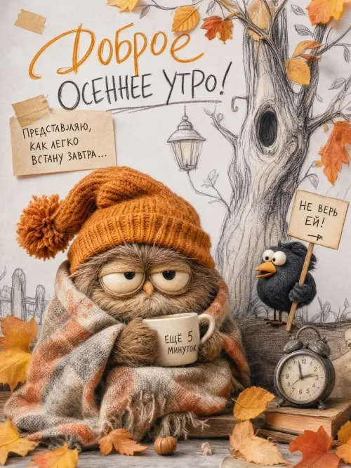 Открытка с осенним утром и совой