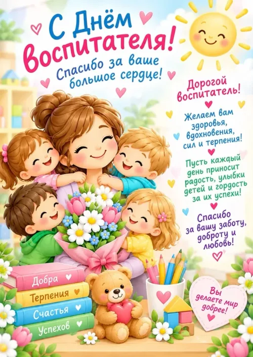 Открытка с Днём Воспитателя: Дети и цветы