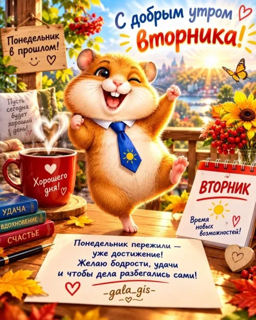 Позитивная открытка с добрым утром и морским хомяком