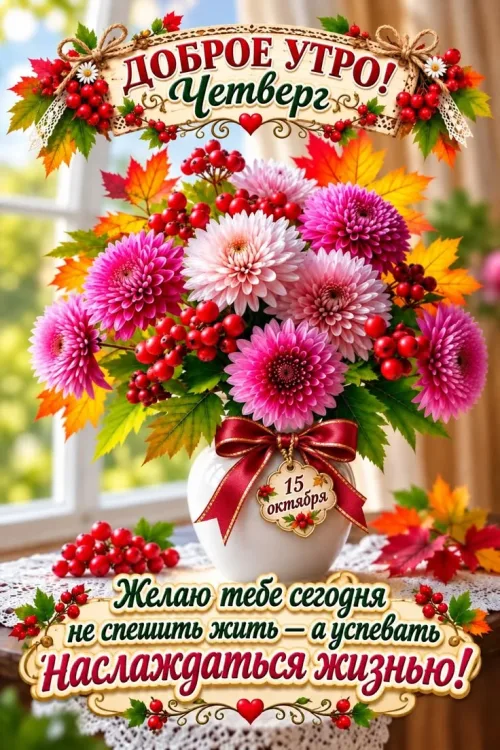 Красивая открытка с добрым утром и осенними цветами