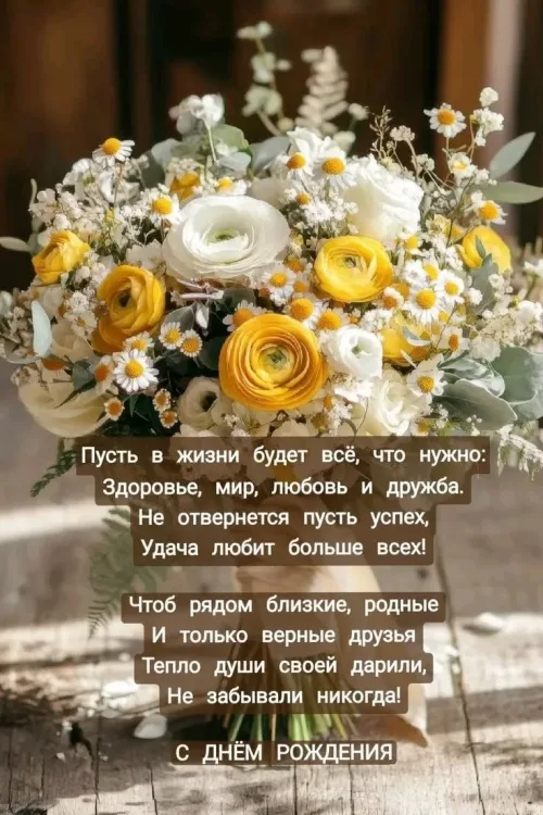 Открытка с днем рождения мужчине с желаниями и цветами